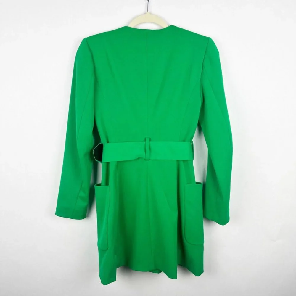 Zara Womens Lined Frock Blazer Coat Size XS Wide Belt Green Pockets Lined V-Neck - Picture 8 of 9